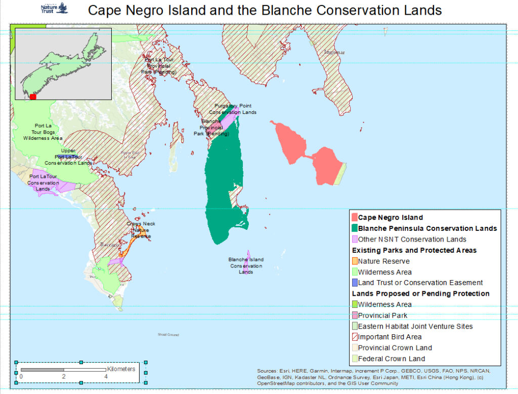 Map of the coastal region of southwest Nova Scotia, including the Blanche Peninsula and the adjacent Cape Negro, also recently protected.